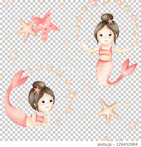 Cute mermaid little girls, stars seamless pattern. Watercolor Children's illustration pastel colors, starfishes isolated from background. Kids design for textile, stationary, packaging, wallpaper 126432904