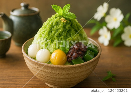 白玉と餡子が乗った抹茶のかき氷 白玉と餡子が乗った抹茶のかき氷 126433261