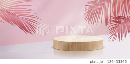 Wooden podium stage with pink palm leaf 126433366