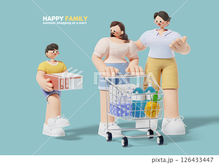 Happy family putting things into shopping cart at the supermarket 126433447