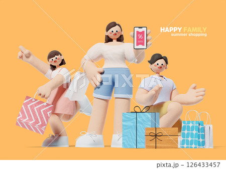 Happy family with smartphone discount coupons and shopping bags with gifts 126433457