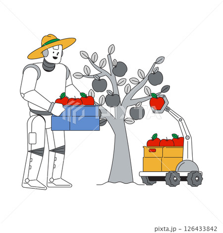 Robot farmer harvesting apples with cart in fruit orchard under bright sunlight 126433842