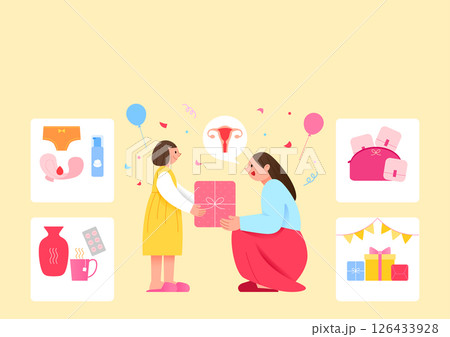 Mother giving a gift to her daughter who started her period 126433928
