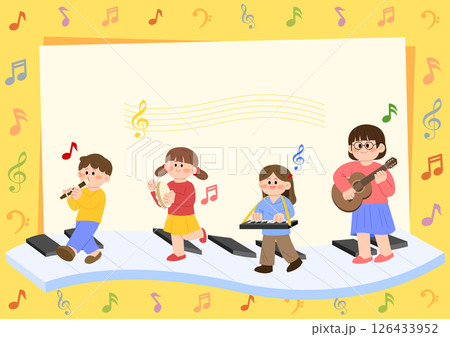 Children playing musical instruments and participating in music classes 126433952