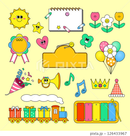 A collection of fun Children's Day icons showing a sketchbook, xylophone, toy train, etc. A collection of fun Children's Day icons showing a sketchbook, xylophone, toy train, etc. 126433967