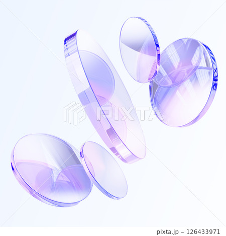 3d crystal light holographic glass round disks on light background. Abstract circle discs with iridescent gradient, glare and motion effect. Render geometric cylinder plate shapes. 3D illustration 126433971