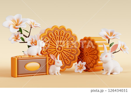 Mid autumn festival background with moon cakes, cute jade rabbits and frangipani flowers render. Holiday of moon and mooncakes in East Asia. Traditional harvest and family celebration. 3D illustration 126434031