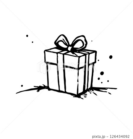 Hand-drawn present box with ribbon and bow, sketch style, on white background, concept of celebration or surprise 126434092