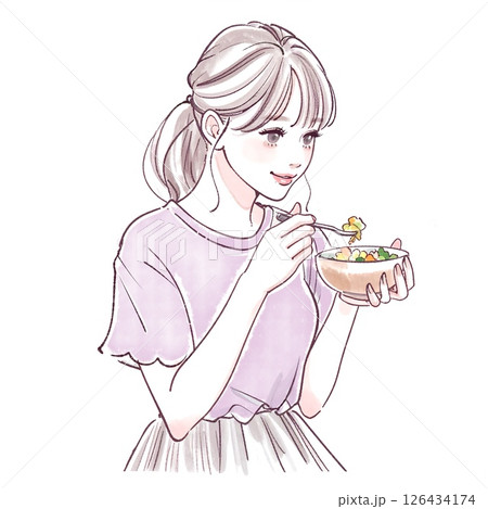 サラダを食べる女性のイラスト素材 126434174
