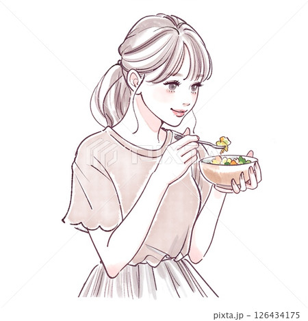 サラダを食べる女性のイラスト素材 サラダを食べる女性のイラスト素材 126434175