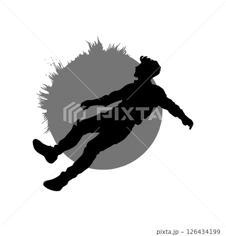 Silhouette of a man falling in front of a grunge-style circular background on white. Concept of loss, gravity, or surreal dreamlike state 126434199