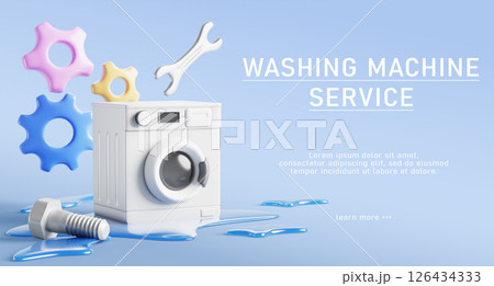 Washing machine repair service ad banner. Broken washer with liquid water puddle on floor, bolt, wrench, gears on blue background. Laundry equipment fixing, emergency repair work home. 3D illustration Washing machine repair service ad banner. Broken washer with liquid water puddle on floor, bolt, wrench, gears on blue background. Laundry equipment fixing, emergency repair work home. 3D illustration 126434333