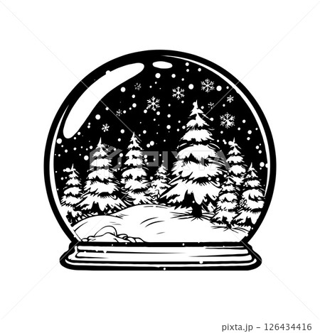 Black and white snow globe with winter pine trees and snowflakes inside scene. 126434416