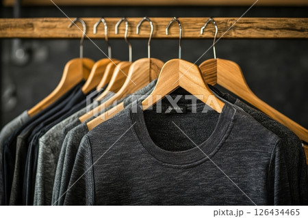 Soft, dark gray and black sweaters hang neatly on wooden hangers in a stylish clothing store 126434465