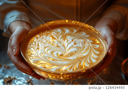 A barista's hands carefully present a cup of coffee with exquisite latte art, showcasing intricate swirling patterns in warm, golden tones 126434493