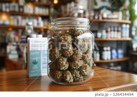 A glass jar filled with dried cannabis buds sits on a wooden counter in a health store 126434494