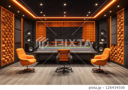 A modern professional music recording studio with orange accents, mixing console, and acoustic treatment A modern professional music recording studio with orange accents, mixing console, and acoustic treatment 126434500