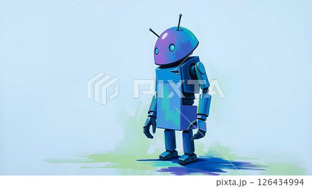 stylized colorful robot with blue and purple colors and large blue eyes on light blue background for use in digital art, sci fi illustrations, or character design projects 126434994