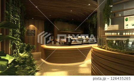 Eco-friendly coffee cafe with organic beans and eco-conscious decor.. 126435265