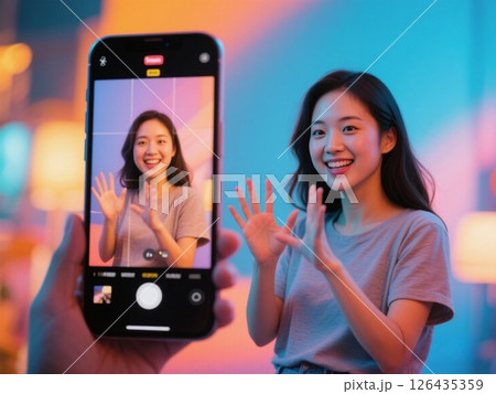 イラスト素材：スマホ、SNSライブ、女性 126435359
