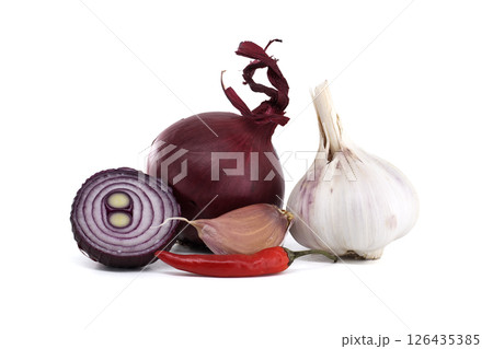 Fresh Garlic, Onion, and Chili Peppers on a White Background 126435385
