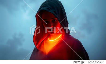 mysterious virtual persona silhouette in neon noir with cosmic allure and dramatic atmosphere for use in digital art, cyberpunk, or futuristic mystery projects 126435522