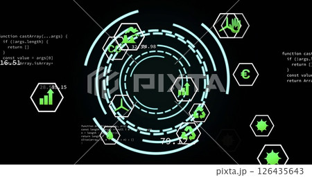 Image of media icons over data processing and scope scanning 126435643