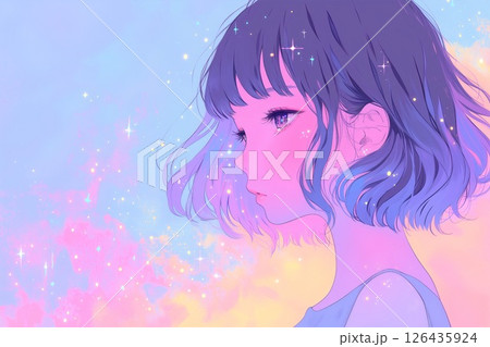 幻想的な空と少女のイラスト(アニメ・マンガ・パステルカラー) 幻想的な空と少女のイラスト(アニメ・マンガ・パステルカラー) 126435924
