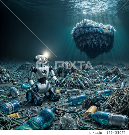 underwater plastic pollution illuminated by robot flashlight on ocean floor for use in ecological awareness and environmental crisis materials underwater plastic pollution illuminated by robot flashlight on ocean floor for use in ecological awareness and environmental crisis materials 126435973