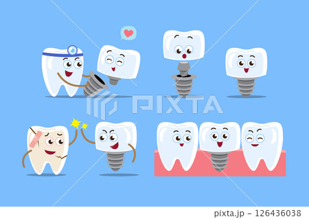 Dental implant procedure . Teeth cartoon characters . Dentist and artificial tooth . Isolated on blue background . Vector . 126436038