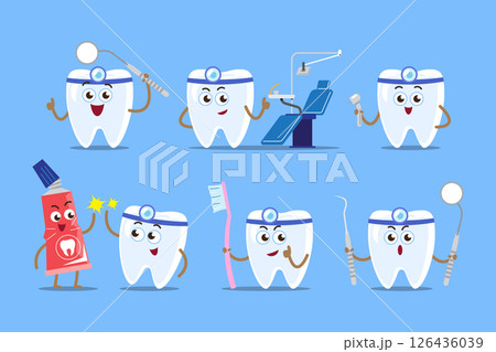 Dentist and dental equipments . Teeth cartoon characters . Isolated on blue background . Vector . 126436039