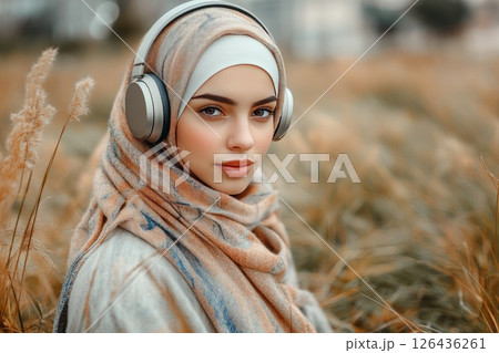 Young woman wearing headphones, enjoying music in a field of tall grass with soft sunlight 126436261