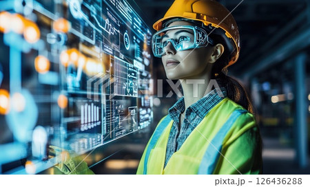 Female engineer in safety gear interacting with digital interface in a modern industrial setting 126436288