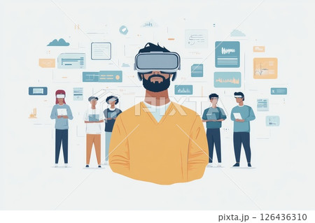 Man wearing virtual reality headset surrounded by diverse group of people engaged in technology Man wearing virtual reality headset surrounded by diverse group of people engaged in technology 126436310