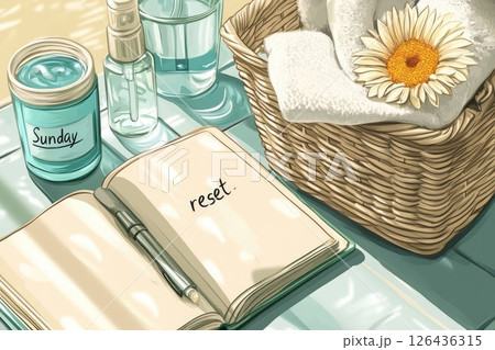 Relaxing self-care scene with open journal, water bottle, and fresh flowers in a cozy setting 126436315