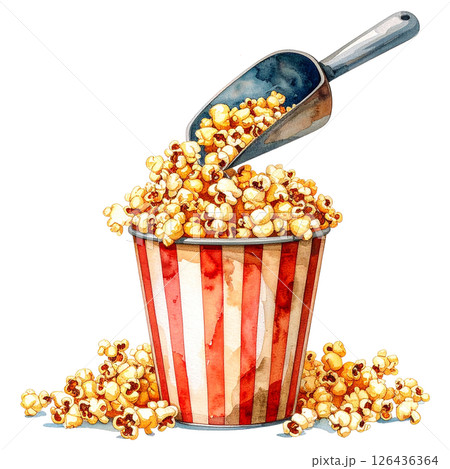 watercolor popcorn clipart bundle includes a variety of delicious snack-themed illustrations in striped buckets, paper bags, food stalls, popcorn trucks, and assorted gourmet toppings.  126436364