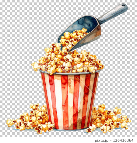 watercolor popcorn clipart bundle includes a variety of delicious snack-themed illustrations in striped buckets, paper bags, food stalls, popcorn trucks, and assorted gourmet toppings.  126436364