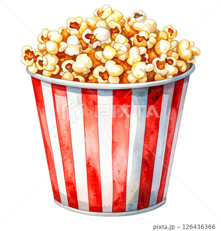 watercolor popcorn clipart bundle includes a variety of delicious snack-themed illustrations in striped buckets, paper bags, food stalls, popcorn trucks, and assorted gourmet toppings.  126436366