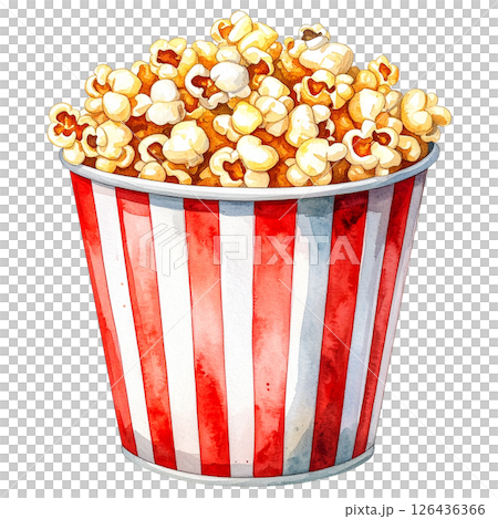 watercolor popcorn clipart bundle includes a variety of delicious snack-themed illustrations in striped buckets, paper bags, food stalls, popcorn trucks, and assorted gourmet toppings.  126436366