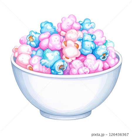 watercolor popcorn clipart bundle includes a variety of delicious snack-themed illustrations in striped buckets, paper bags, food stalls, popcorn trucks, and assorted gourmet toppings.  126436367