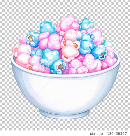 watercolor popcorn clipart bundle includes a variety of delicious snack-themed illustrations in striped buckets, paper bags, food stalls, popcorn trucks, and assorted gourmet toppings.  126436367