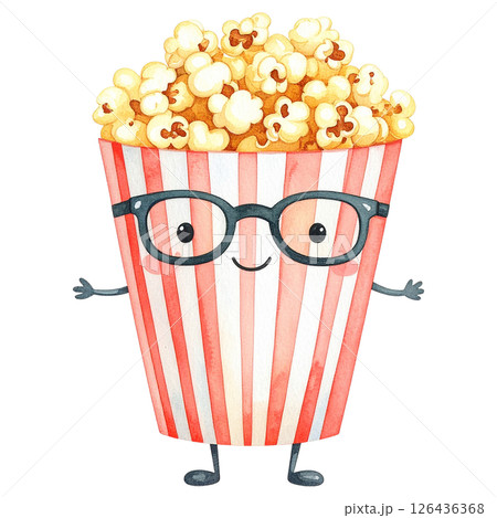 watercolor popcorn clipart bundle includes a variety of delicious snack-themed illustrations in striped buckets, paper bags, food stalls, popcorn trucks, and assorted gourmet toppings.  126436368