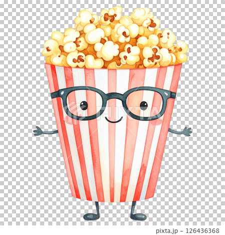watercolor popcorn clipart bundle includes a variety of delicious snack-themed illustrations in striped buckets, paper bags, food stalls, popcorn trucks, and assorted gourmet toppings.  126436368