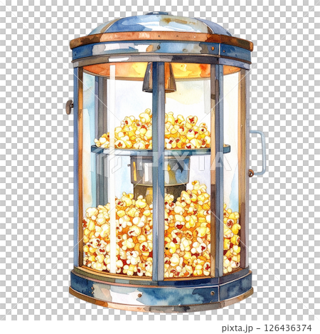 watercolor popcorn clipart bundle includes a variety of delicious snack-themed illustrations in striped buckets, paper bags, food stalls, popcorn trucks, and assorted gourmet toppings.  126436374