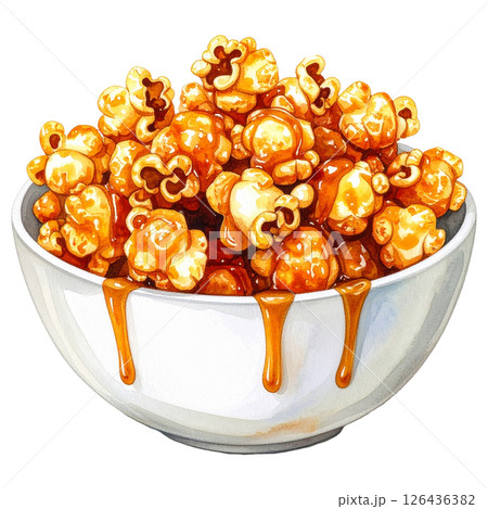 watercolor popcorn clipart bundle includes a variety of delicious snack-themed illustrations in striped buckets, paper bags, food stalls, popcorn trucks, and assorted gourmet toppings.  126436382