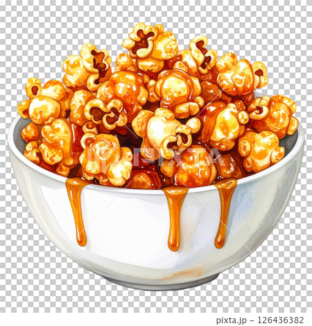 watercolor popcorn clipart bundle includes a variety of delicious snack-themed illustrations in striped buckets, paper bags, food stalls, popcorn trucks, and assorted gourmet toppings.  126436382