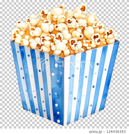 watercolor popcorn clipart bundle includes a variety of delicious snack-themed illustrations in striped buckets, paper bags, food stalls, popcorn trucks, and assorted gourmet toppings.  126436383