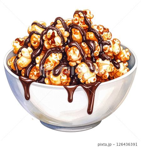 watercolor popcorn clipart bundle includes a variety of delicious snack-themed illustrations in striped buckets, paper bags, food stalls, popcorn trucks, and assorted gourmet toppings.  126436391