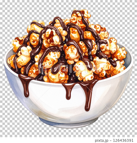 watercolor popcorn clipart bundle includes a variety of delicious snack-themed illustrations in striped buckets, paper bags, food stalls, popcorn trucks, and assorted gourmet toppings.  126436391