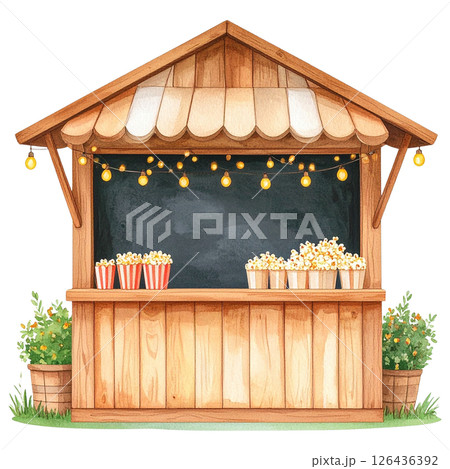 watercolor popcorn clipart bundle includes a variety of delicious snack-themed illustrations in striped buckets, paper bags, food stalls, popcorn trucks, and assorted gourmet toppings.  126436392